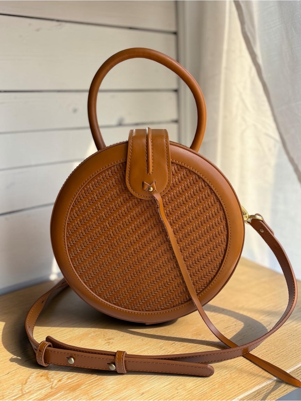 Round Woven Canteen Crossbody Bag in Tan - Leather